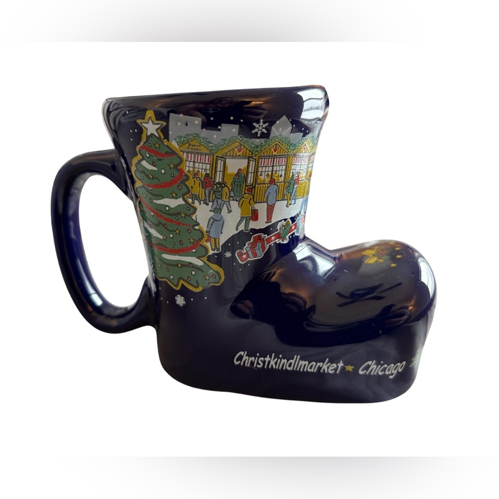 Vintage Christkindlmarket Souvenir Chicago 2009 Dark Blue Ceramic Boot Mug